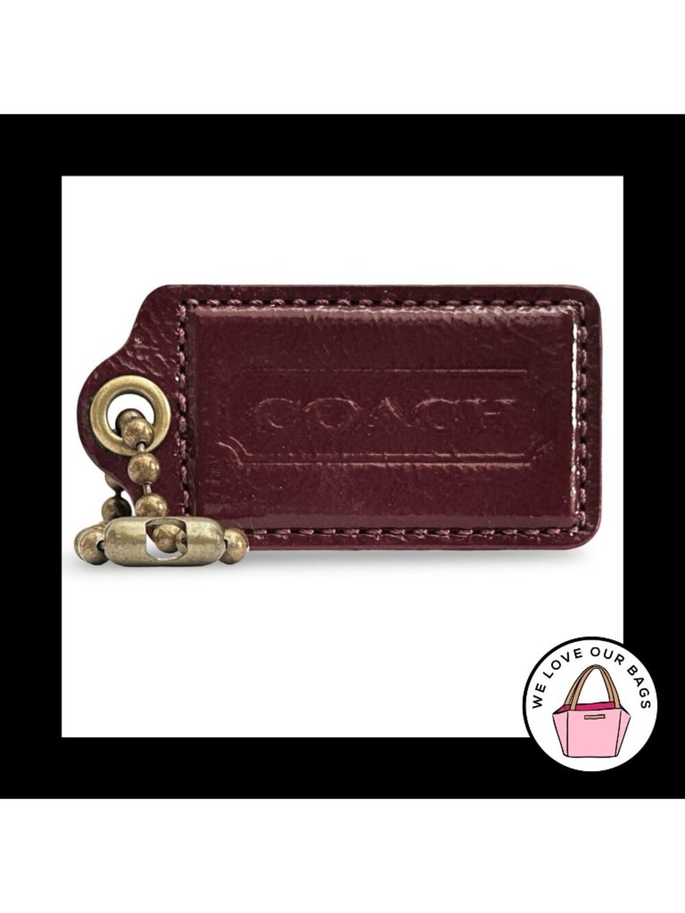 Rare XL COACH HANGTAG 3" Burgundy Red Patent Leather Bag Charm Fob Antique Brass
